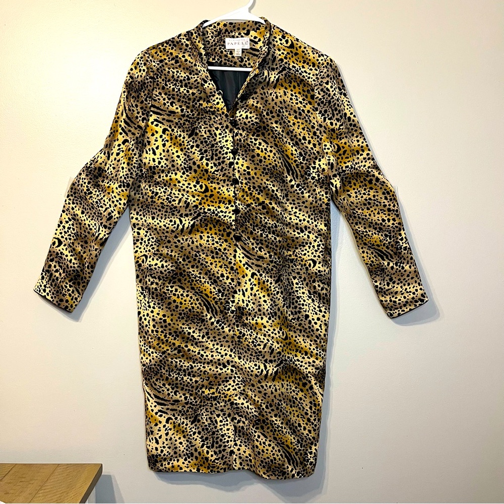 Adrianna Papell vintage 100% silk cheetah animal print button down tunic dress 8